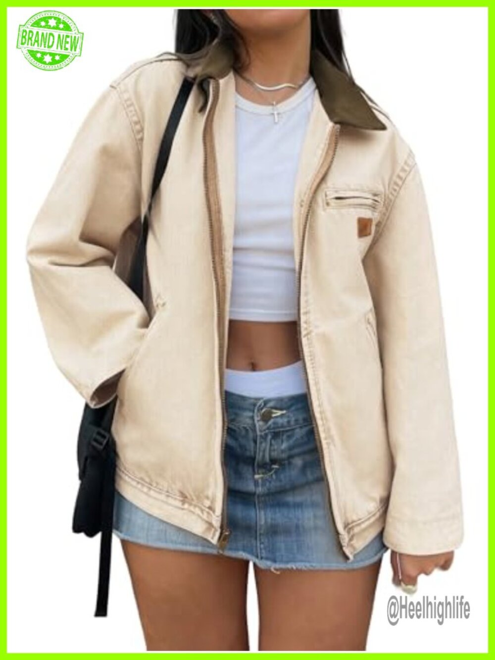 Women's Cropped Zip Up Barn Denim Jacket Lightweight Cotton Casual